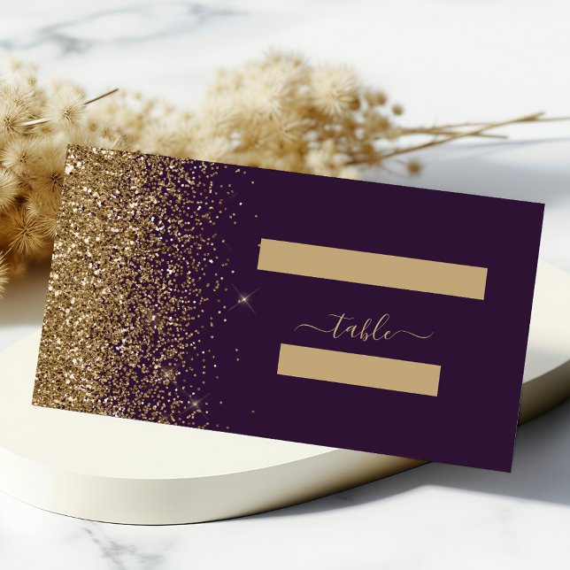 Cartão De Mesa Casamento de Borda Glitter Dourada Roxo-Escuro Mod (Criador carregado)
