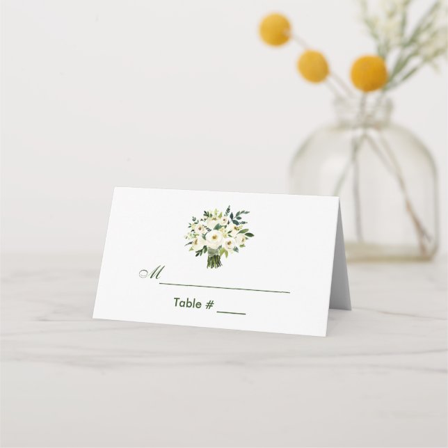 Cartão De Mesa Casamento de Buquê Branco Floral Verde (Frente)