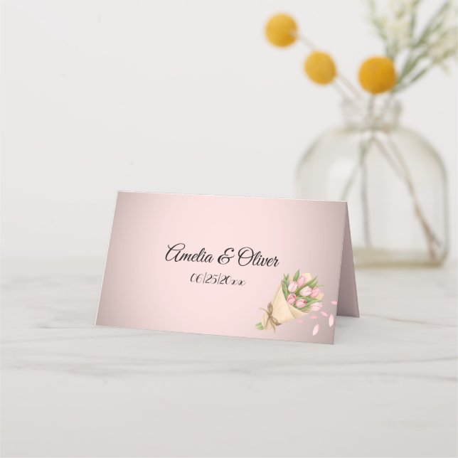 Cartão De Mesa Casamento de Buquê de Tulipas Rosa Elegante (Frente)