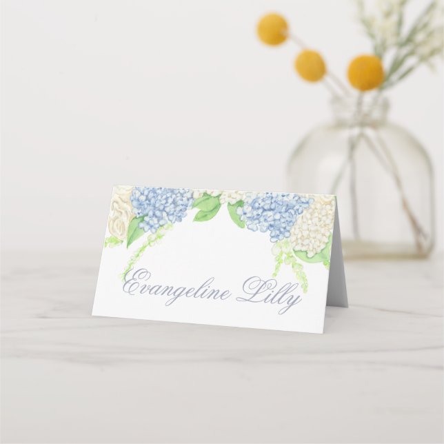 Cartão De Mesa Casamento de Crest de Hydrangea Azul e Branco (Frente)