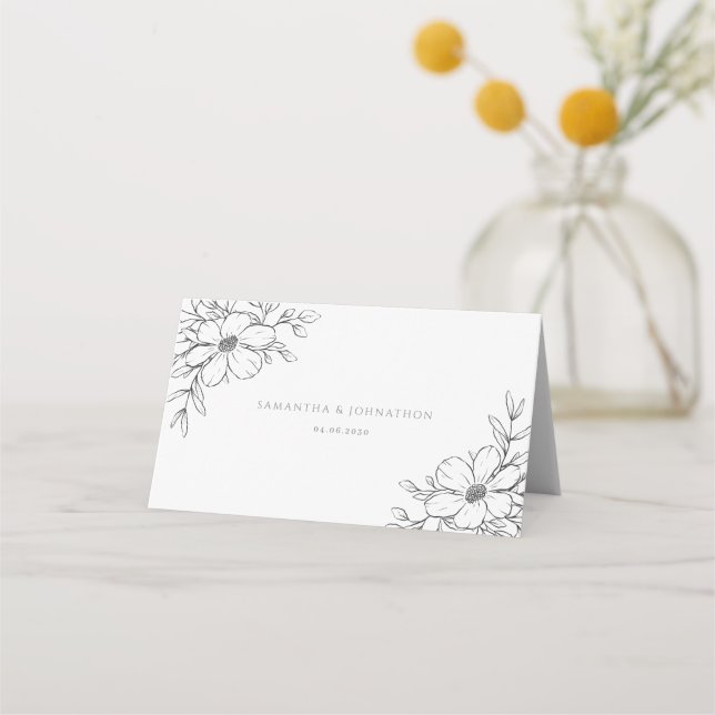 Cartão De Mesa Casamento de Desenho Floral Branco Negro (Verso)