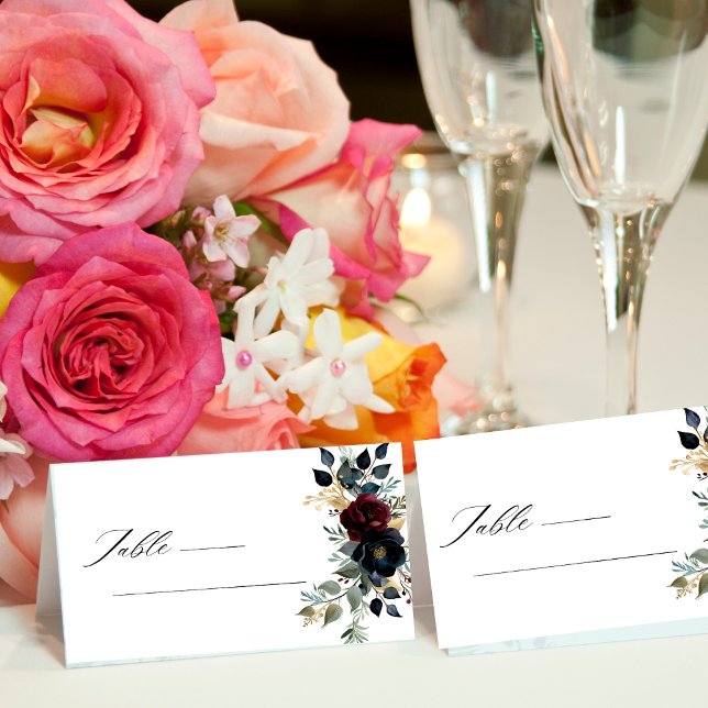 Cartão De Mesa Casamento de Elegante Burgundy Floral Blooms & Gre (Criador carregado)