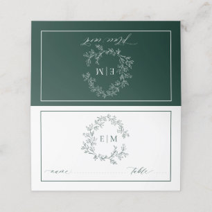 Cartão De Mesa Casamento de Emerald Green Leafy Crest Monograma