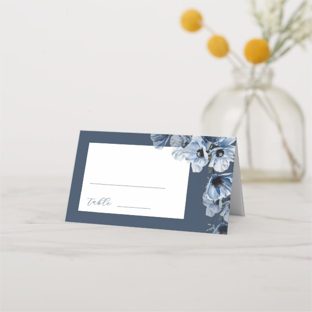 Cartão De Mesa Casamento de Flores Azuis Artísticas (Frente)