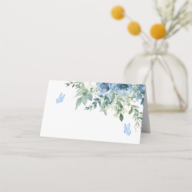 Cartão De Mesa Casamento de Flores Azuis Empoeiradas (Frente)