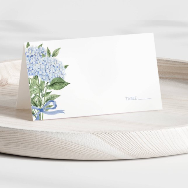 Cartão De Mesa Casamento de Flores de Aquarela de Hortênsia Azul  (Criador carregado)
