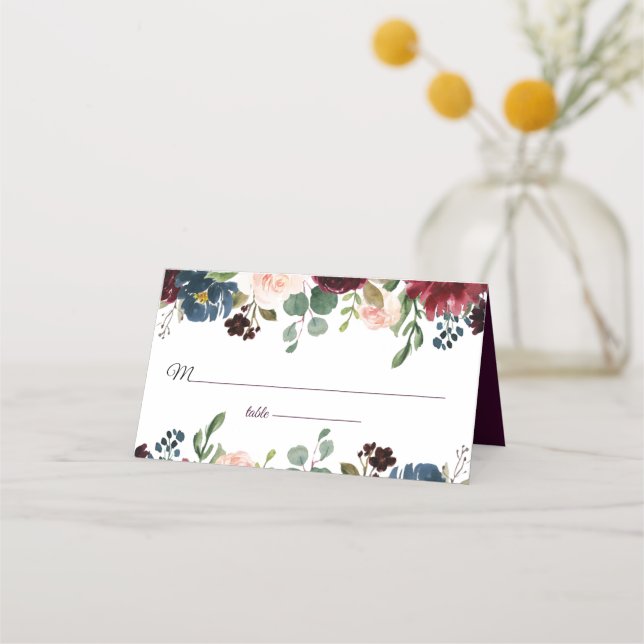 Cartão De Mesa Casamento de Flores de Inglês Azuis (Frente)