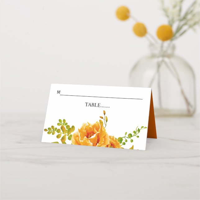 Cartão De Mesa Casamento de flores e folhas de aquarela laranja (Frente)