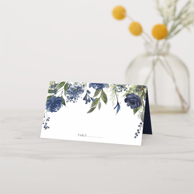 Cartão De Mesa Casamento de Flores Silvestres Azuis e Folhagens (Frente)