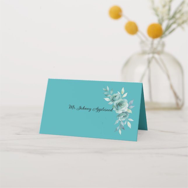 Cartão De Mesa Casamento de Flores Sussurrantes em Azul Turquesa (Frente)
