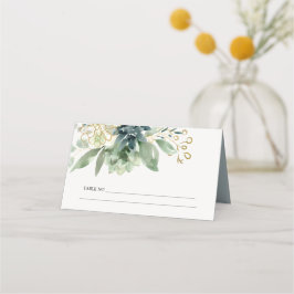 Cartão De Mesa Casamento de Folhagem Verdes Suculentes Azul Elega