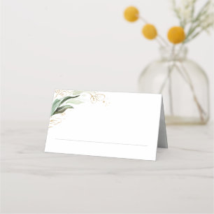Cartão De Mesa Casamento de Folhas Douradas e Eucalyptus Greenery