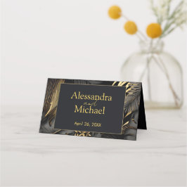 Cartão De Mesa Casamento de Folhas Tropicais Douradas Modernas