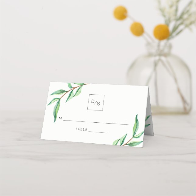 Cartão De Mesa Casamento de Folhas Verdes Minimalistas (Verso)