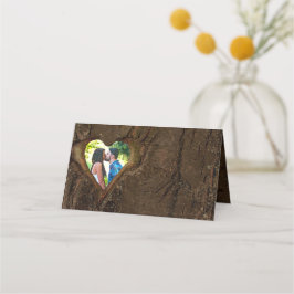 Cartão De Mesa Casamento de Foto do Coração de Madeira Rústica