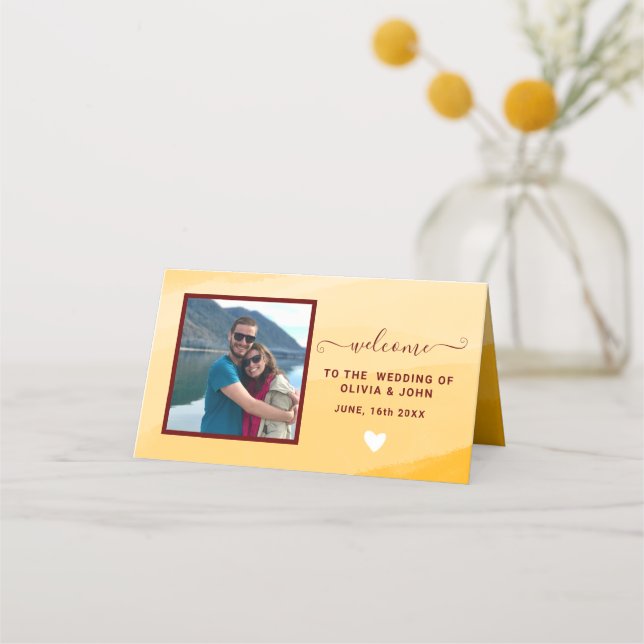 Cartão De Mesa Casamento de fotos com Aquarela Amarela Moderna Do (Frente)
