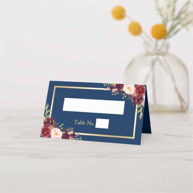 Cartão De Mesa Casamento de Frame Dourado Azul com Marinho Floral (Frente)