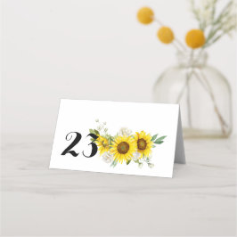Cartão De Mesa Casamento de girassóis aquarela rosas brancas