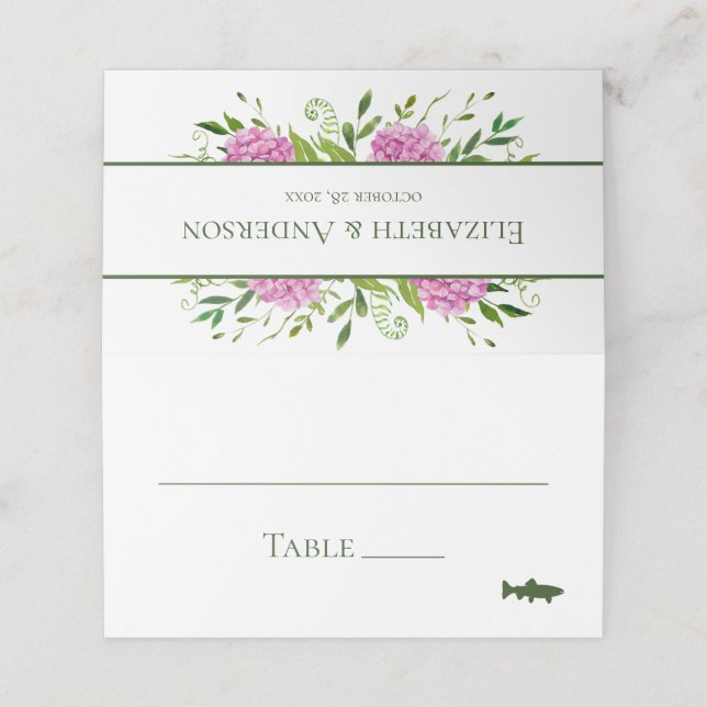 Cartão De Mesa Casamento de Hortênsias Rosa (Exterior/Desdobrado)
