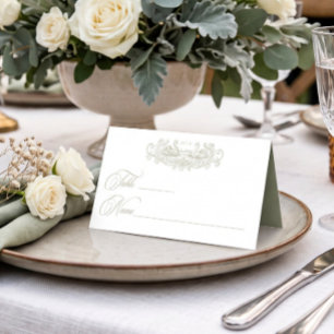 Cartão De Mesa Casamento de Jardim com Brasão Verde Elegante Vint