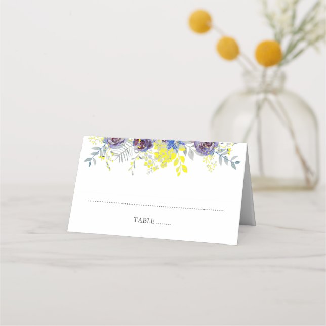 Cartão De Mesa Casamento de Lanterna Floral Azul e Amarelo (Frente)