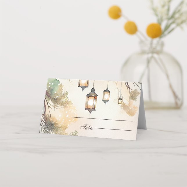 Cartão De Mesa Casamento de Luzes de Lanterna Botânica de Árvore  (Frente)
