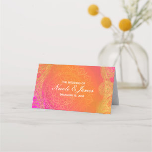 Cartão De Mesa Casamento de Mandala Indiana Rosa Fúcsia Laranja D