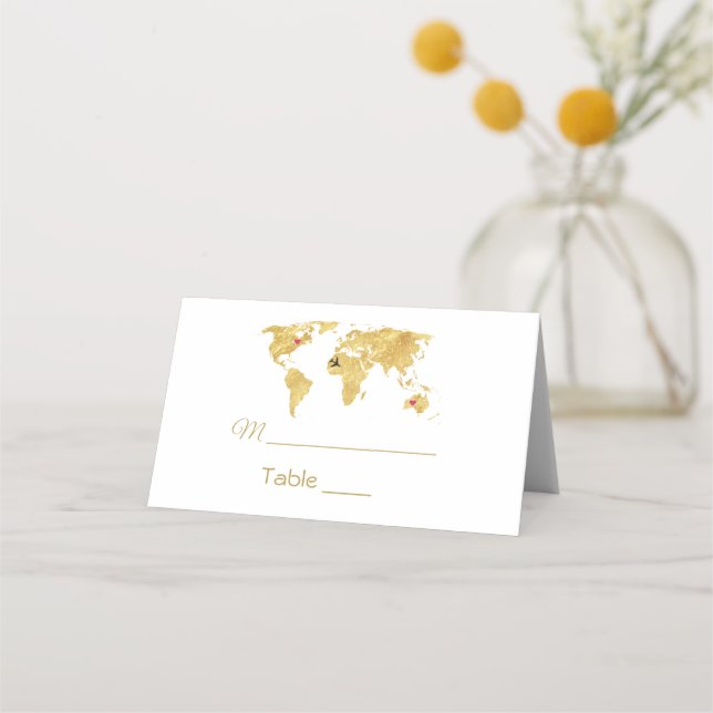 Cartão De Mesa Casamento de Mapa do Mundo Dourado Elegante Viagem (Frente)