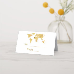Cartão De Mesa Casamento de Mapa do Mundo Dourado Elegante Viagem
