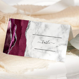 Cartão De Mesa Casamento de Mármore de Ágata Prateada Burgundy Ch