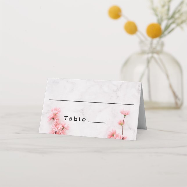 Cartão De Mesa Casamento de mármore rosa-rosado com Sakura Cherry (Frente)