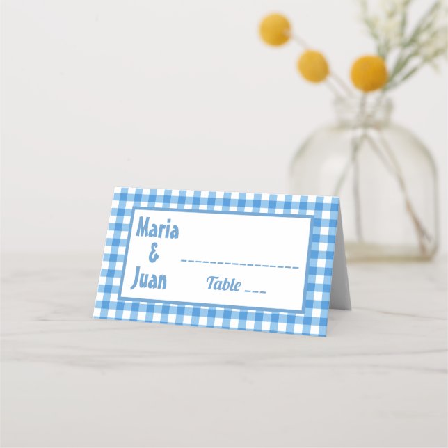 Cartão De Mesa Casamento de Moldura de Gingham Azul e Branco (Frente)