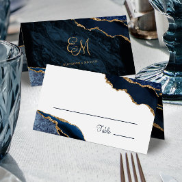 Cartão De Mesa Casamento de Monograma de Agata Azul Dourada Elega