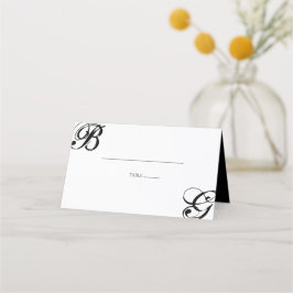 Cartão De Mesa Casamento de Monograma de Script Preto e Branco