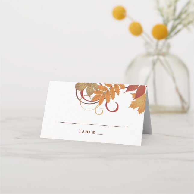 Cartão De Mesa Casamento de Outono com Folhas Caindo Rústicas (Frente)