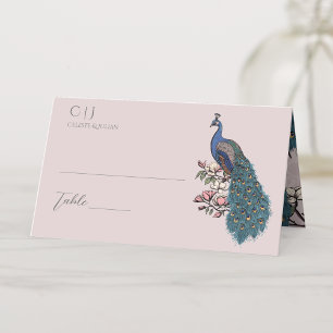 Cartão De Mesa Casamento de Pavão Floral Rosa-Escamudo-Russo
