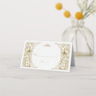 Cartão De Mesa Casamento de Peacocks com Deco de Arte Dourada Gla
