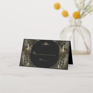 Cartão De Mesa Casamento de Peacocks em Deco de Arte Dourada Glam
