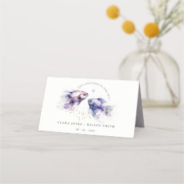 Cartão De Mesa Casamento de Peixes Costeiros Lilac Aquarela Elega