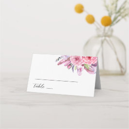 Cartão De Mesa Casamento de penas florais boho rosa aquarela