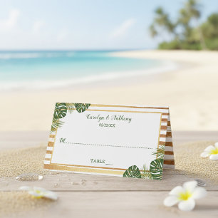 Cartão De Mesa Casamento de Praia com Folha de Ouro e Palma Verde