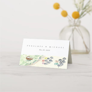 Cartão De Mesa Casamento de Praia Tropical de Watercolor Dobrado