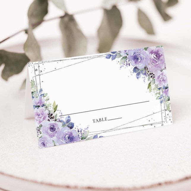 Cartão De Mesa Casamento de Prata Floral Lilac Roxo Elegante (Criador carregado)
