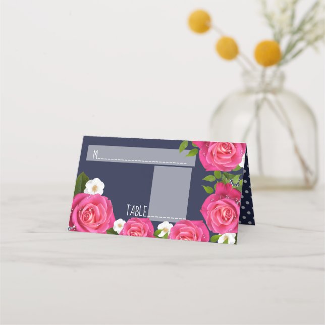 Cartão De Mesa Casamento de Rosa e Azul da Meia-Noite (Frente)