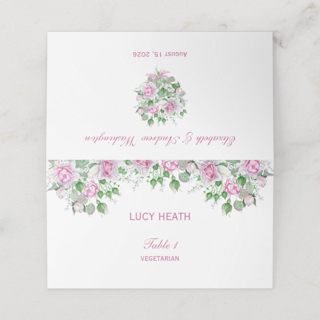 Cartão De Mesa Casamento de Rosas Românticas Rosa (Exterior/Desdobrado)