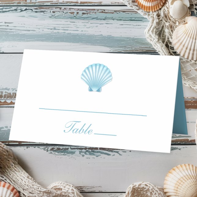 Cartão De Mesa Casamento de Seashell Náutico Azul Elegante Beach (Criador carregado)