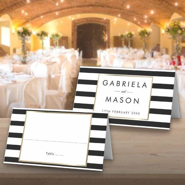 Cartão De Mesa Casamento de Stripe Clássico | Faux Gold Foil (Classic Stripe Wedding | Faux Gold Foil Place Card)