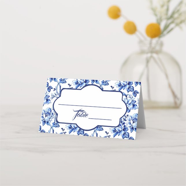 Cartão De Mesa Casamento de Tois Floral Azul e Branco (Frente)