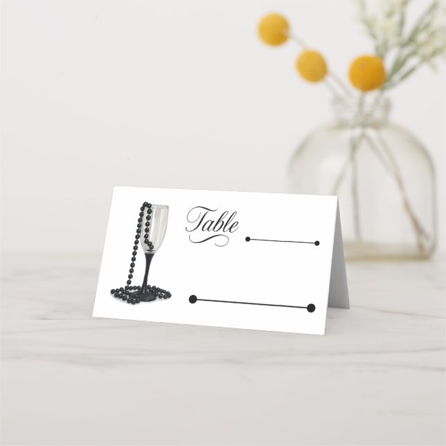 Cartão De Mesa Casamento de Vidro de Champanhe de Pérolas Pretas  (Frente)