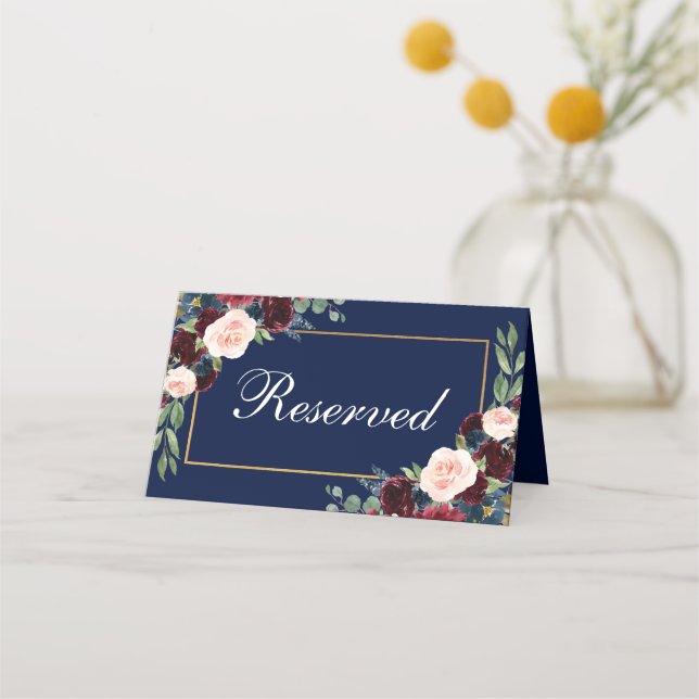 Cartão De Mesa Casamento Dourado Azul Floral Burgundy Reservado (Frente)